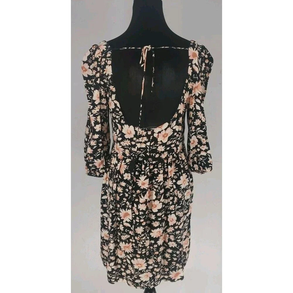 American‎ Eagle 3/4 Sleeve Black Floral Boho Peasant Mini Dress Size Small - Picture 3 of 6